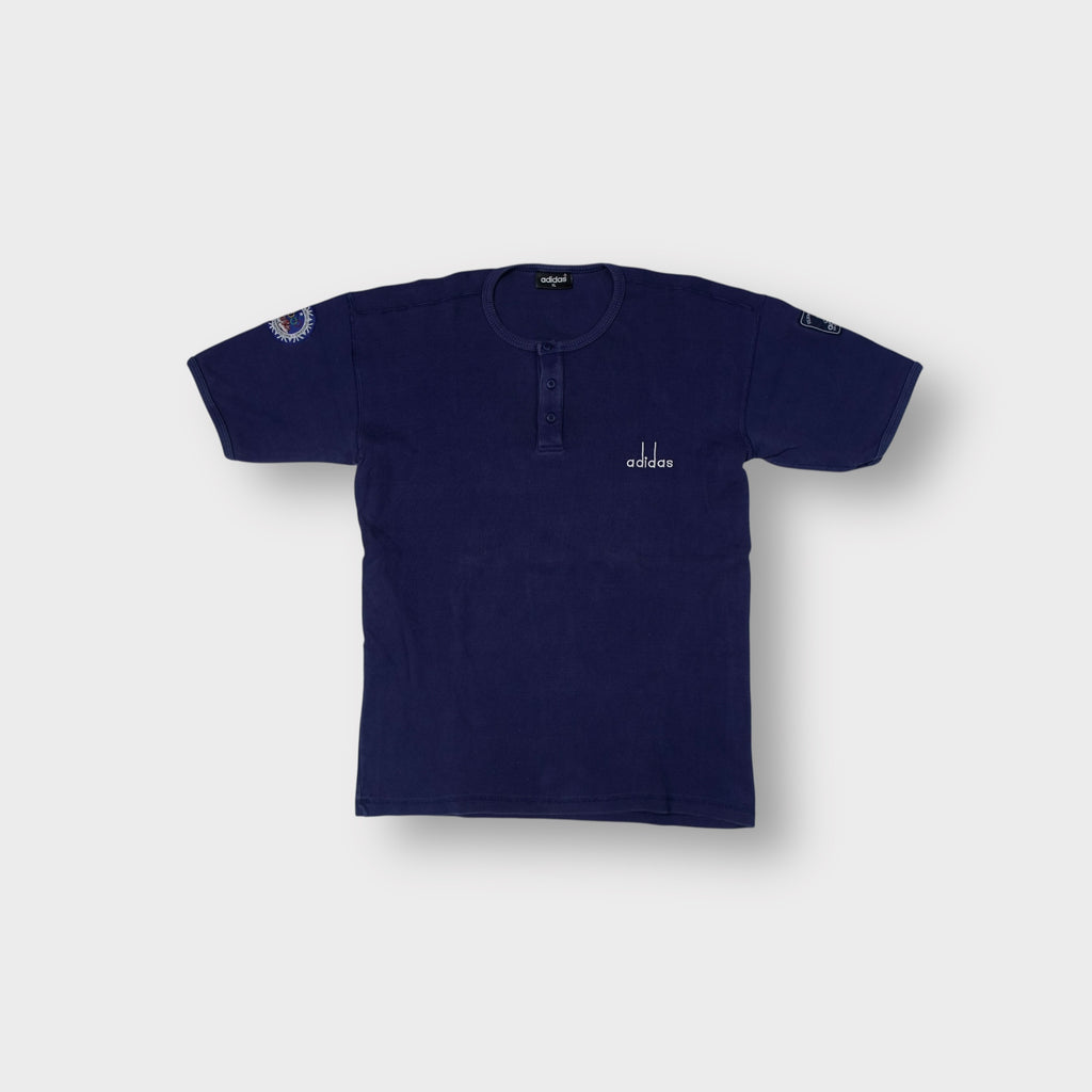 Adidas navy blue Henley T-Shirt with embroidered logo and Olympic sleeve patch
