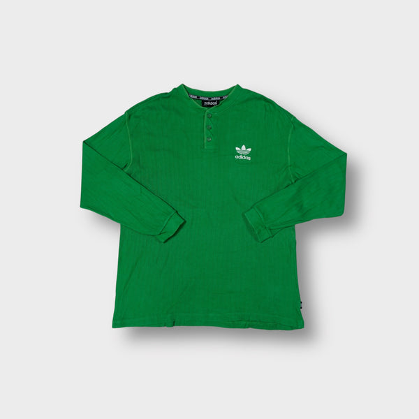 Adidas long sleeve henley sweater in green with embroidered white trefoil chest logo.