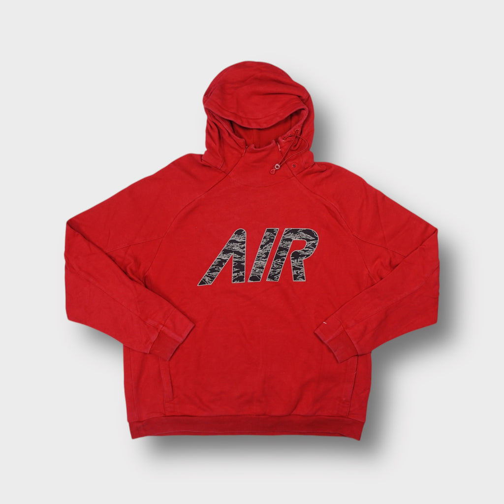 Nike red pullover hoodie with printed AIR logo across the chest