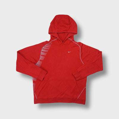 Red Nike hoodie with white embroidered swoosh logo and side geometric graphic print