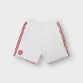 White Adidas Denmark shorts with red side stripes and an embroidered national team crest.