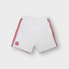White Adidas Denmark shorts with red side stripes and an embroidered national team crest.