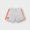 Adidas FC Bayern white shorts featuring orange side stripes and an embroidered crest