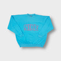Blue Nike sweater with pink embroidered block lettering on the chest