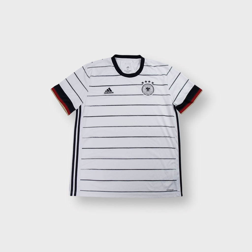 Adidas DFB white football jersey with thin black pinstripes and German flag sleeve cuffs