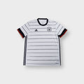 Adidas DFB white football jersey with thin black pinstripes and German flag sleeve cuffs