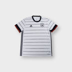 Adidas DFB white football jersey with thin black pinstripes and German flag sleeve cuffs