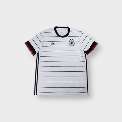 Adidas DFB white football jersey with thin black pinstripes and German flag sleeve cuffs