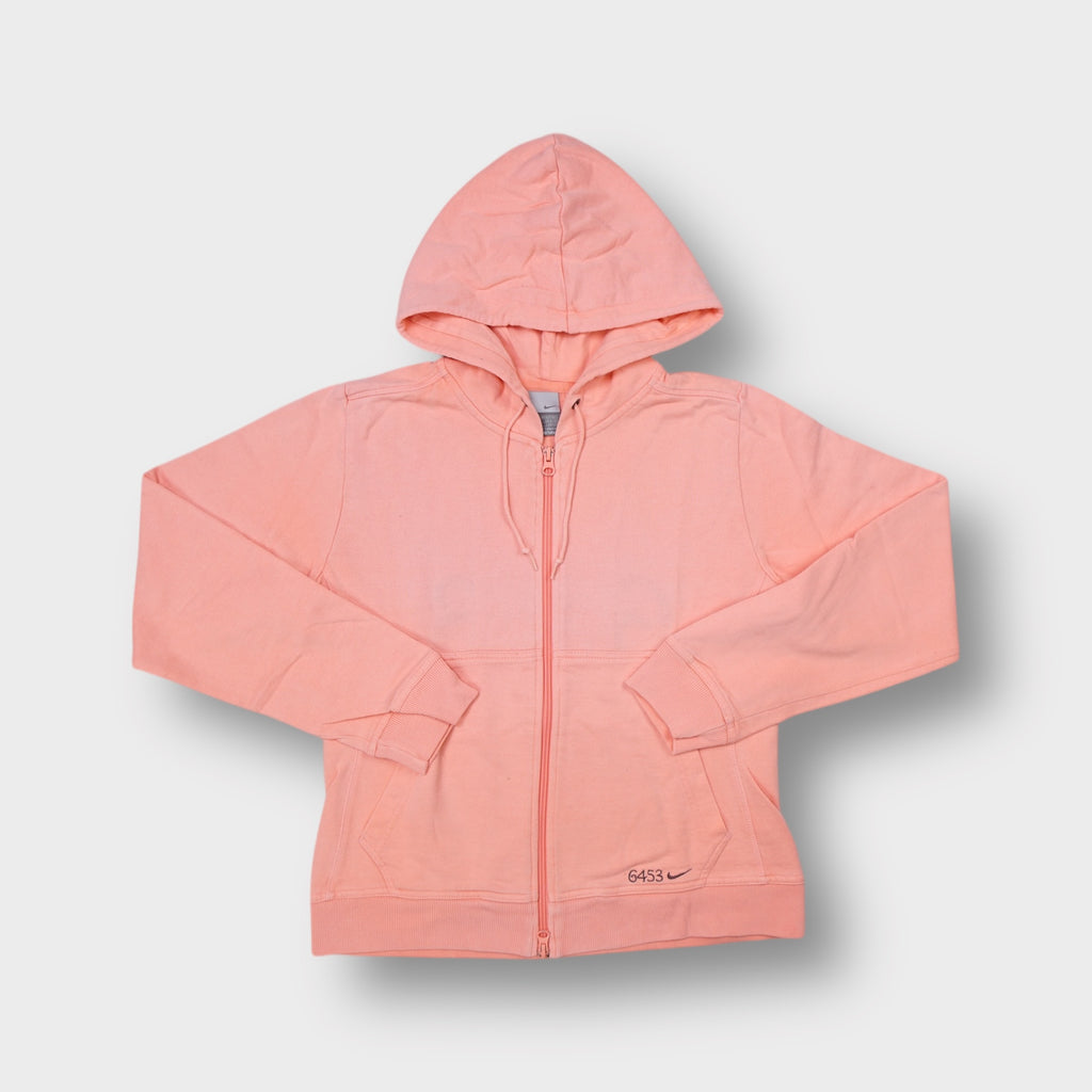 Nike zip hoodie in orange featuring embroidered 6453 detail on the lower hem