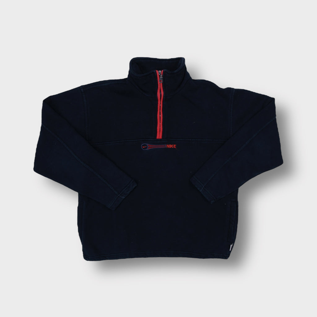 Navy Blue Nike half-zip fleece sweater with red zipper trim and chest embroidery