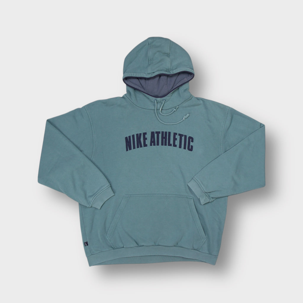 Nike hooded sweater in blue with arched Nike Athletic embroidery across the chest
