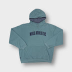 Nike hooded sweater in blue with arched Nike Athletic embroidery across the chest