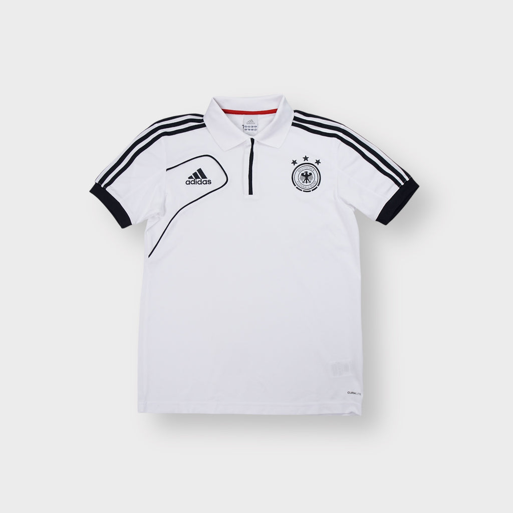 Adidas DFB white polo shirt with black three stripes and official team crest