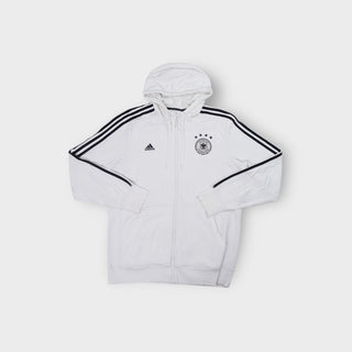 White Adidas zip hoodie featuring the black DFB crest with four stars and shoulder stripes
