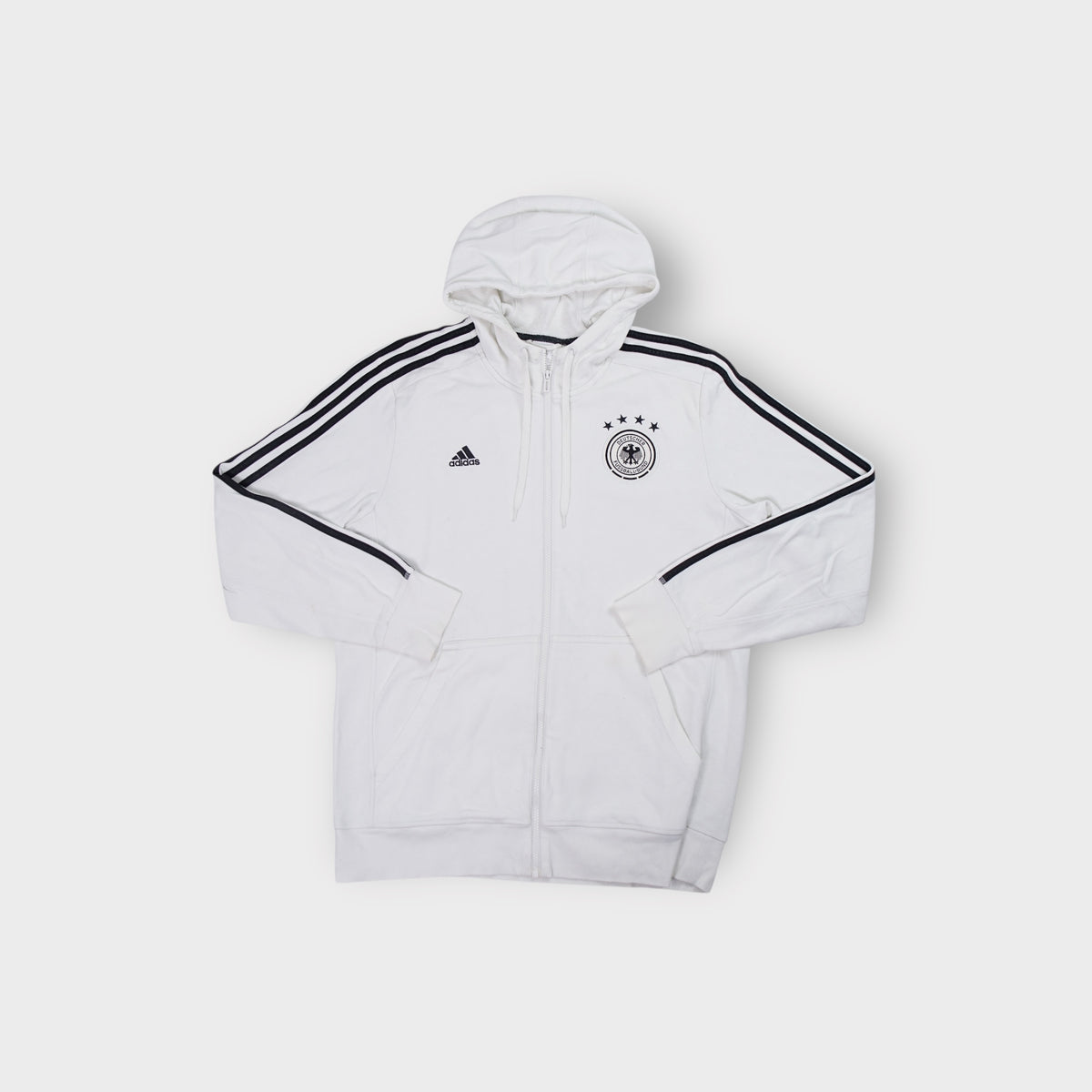 White Adidas zip hoodie featuring the black DFB crest with four stars and shoulder stripes
