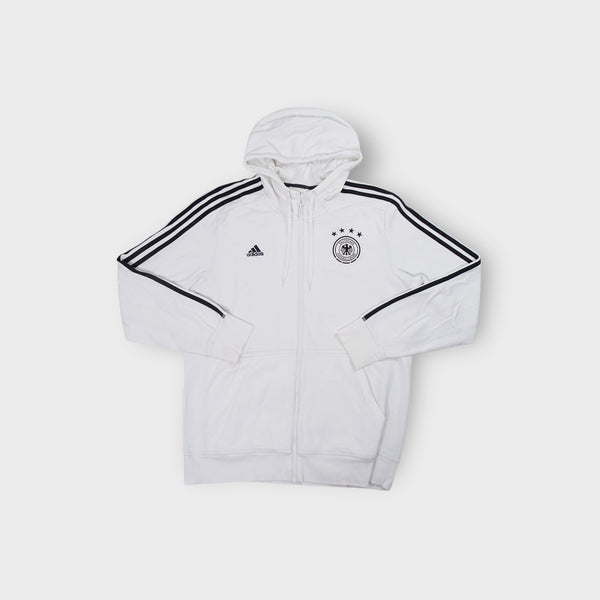 White Adidas zip hoodie featuring the black DFB crest with four stars and shoulder stripes