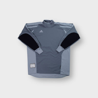 Grey Adidas goalkeeper jersey with black elbow padding and high collar