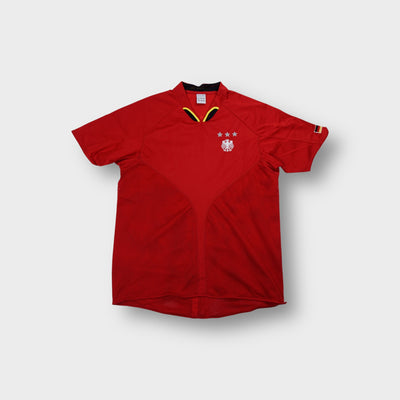 Red Germany football jersey with embroidered eagle crest and three silver stars