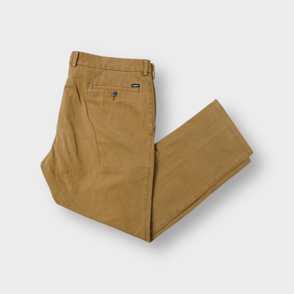 Bugatti beige trousers featuring rear buttoned pockets and a woven brand tag.