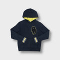 Black Nike hoodie with yellow lined hood and a large chest patch logo
