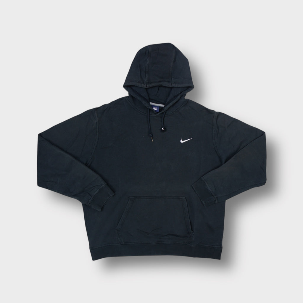 Black Nike hoodie with small white embroidered Swoosh logo on left chest