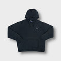 Black Nike hoodie with small white embroidered Swoosh logo on left chest