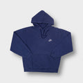 Blue Nike hoodie featuring white embroidered swoosh logo on left chest