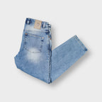 Picaldi jeans in light blue denim with a back waist leather patch and front fade.