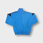 Adidas track jacket in blue with black shoulder stripes and high funnel collar