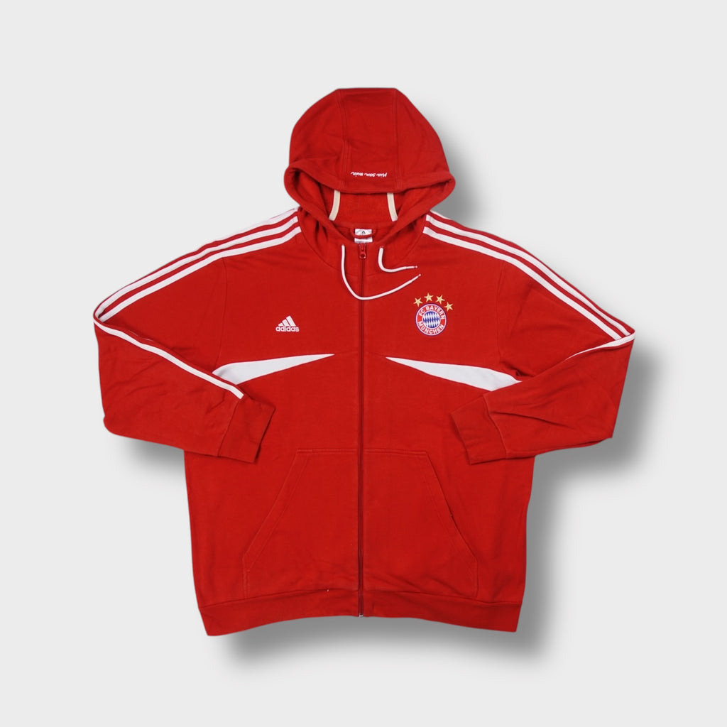 Adidas FC Bayern red zip hoodie with embroidered crest and three white shoulder stripes