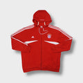 Adidas FC Bayern red zip hoodie with embroidered crest and three white shoulder stripes