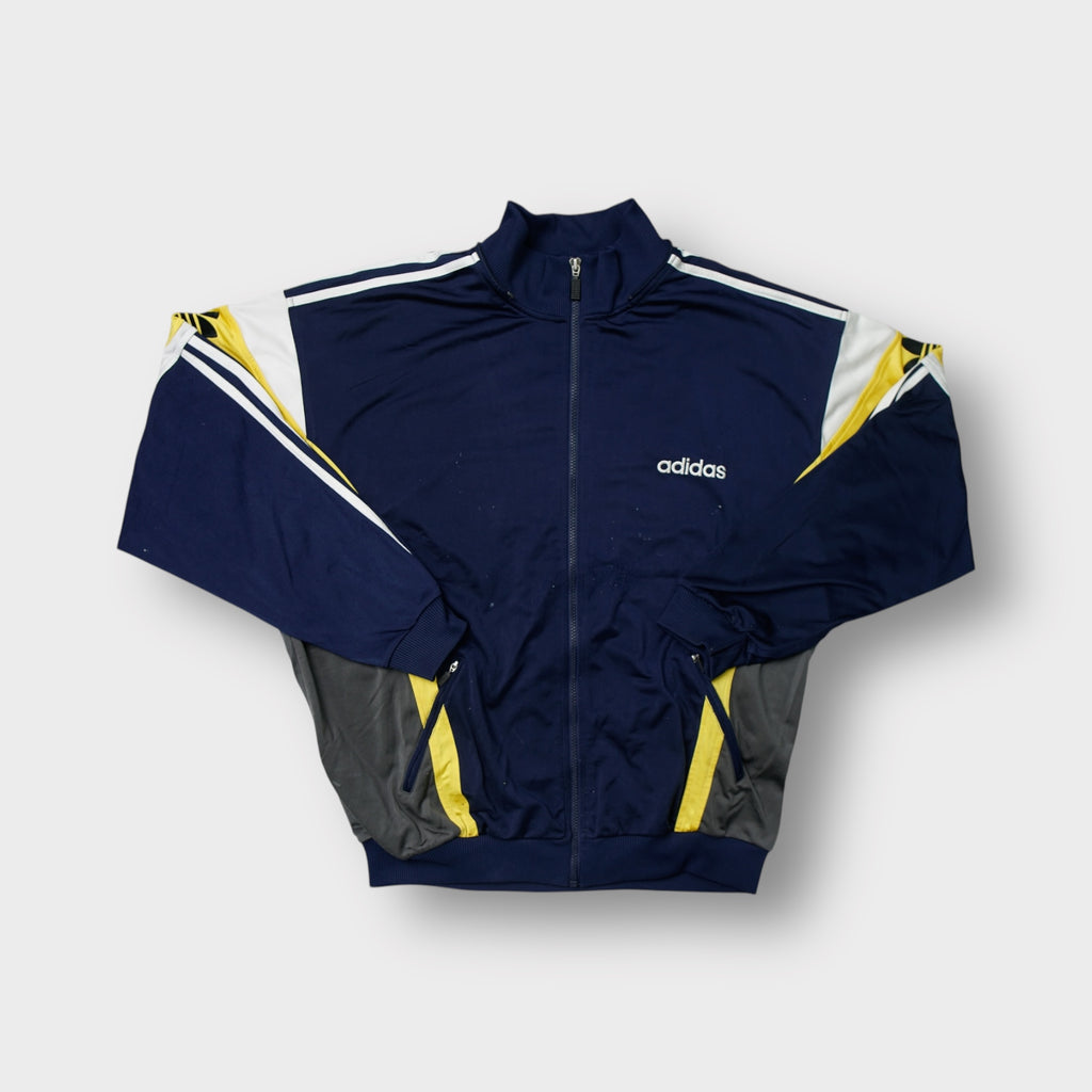 Navy Blue Adidas track jacket showing yellow panel detail and embroidered logo