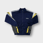 Navy Blue Adidas track jacket showing yellow panel detail and embroidered logo