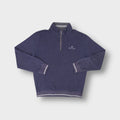 Champion blue sweater half-zip collar with small embroidered chest logo and striped cuffs