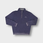 Champion blue sweater half-zip collar with small embroidered chest logo and striped cuffs