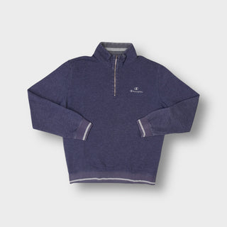 Champion blue sweater half-zip collar with small embroidered chest logo and striped cuffs