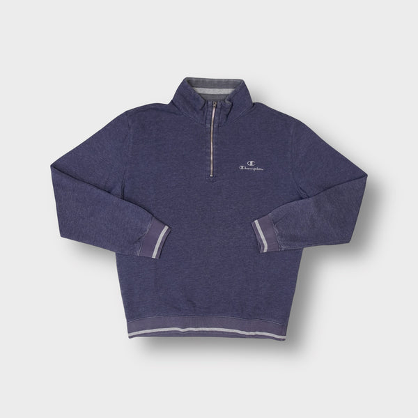 Champion blue sweater half-zip collar with small embroidered chest logo and striped cuffs