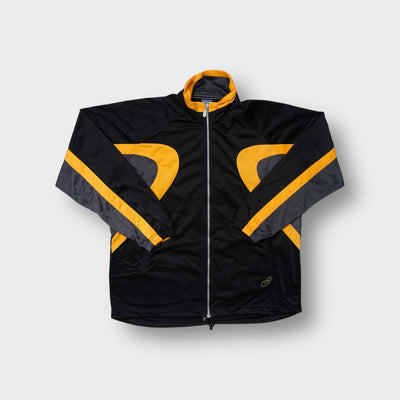 Asics track jacket in black with yellow accent panels and full front zipper