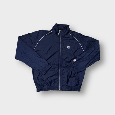 Navy Blue Fila track jacket with embroidered back logo and white piping details.