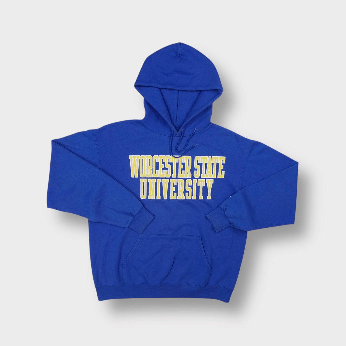 Champion hooded sweater in blue with yellow Worcester State University chest print