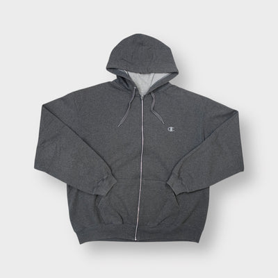 Champion zip hoodie in dark grey with a small embroidered C logo on the chest