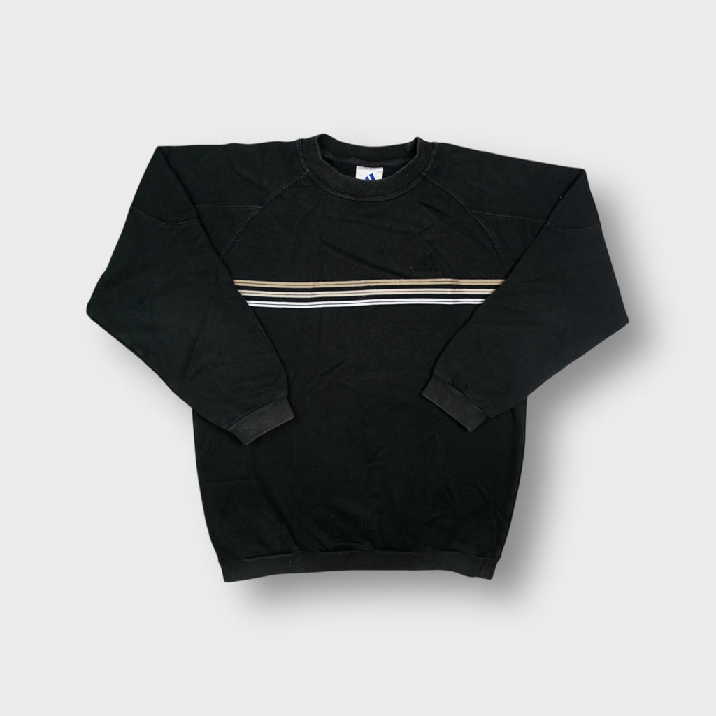 Adidas black crewneck sweater with thin horizontal stripes across the chest