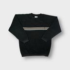Adidas black crewneck sweater with thin horizontal stripes across the chest