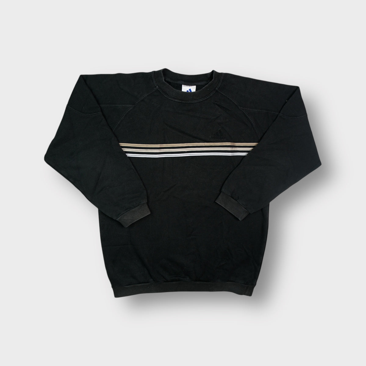 Adidas black crewneck sweater with thin horizontal stripes across the chest