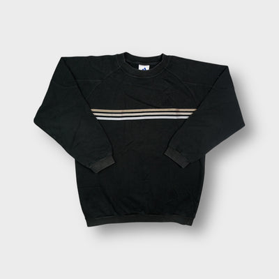 Adidas black crewneck sweater with thin horizontal stripes across the chest