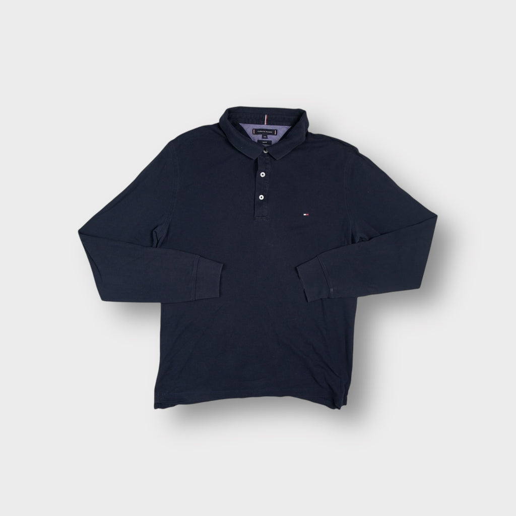 Tommy Hilfiger long-sleeve polo sweater in black with embroidered chest flag logo