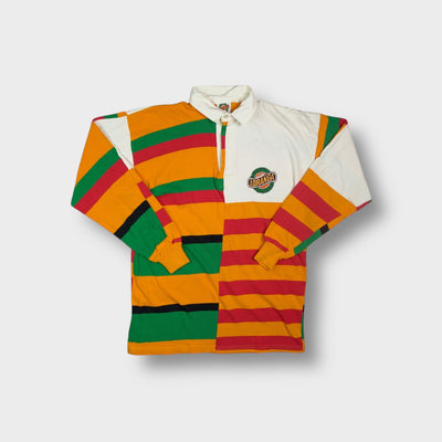 Vintage Loranga rugby sweater with bold multi-coloured stripes and embroidered chest logo