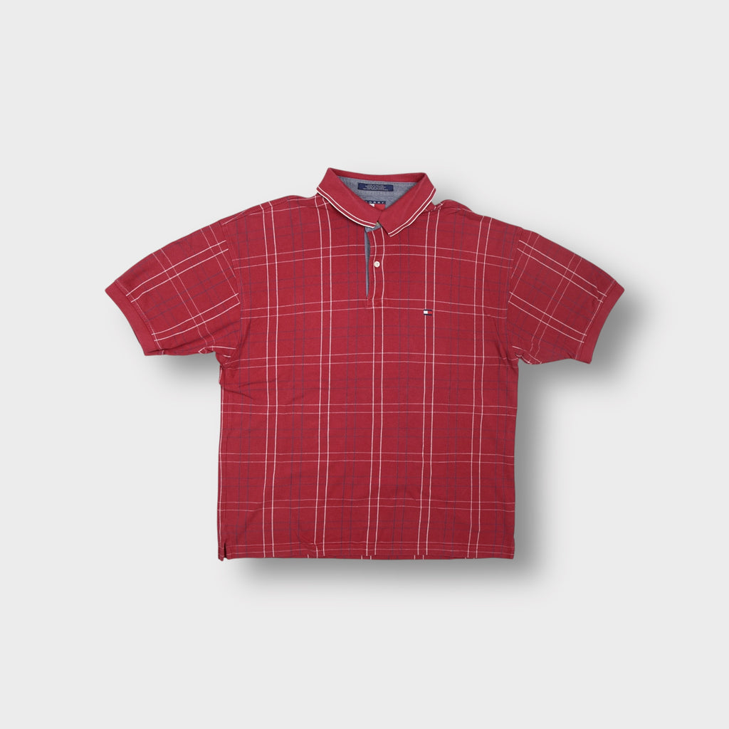 Tommy Hilfiger polo shirt in red check grid pattern with small embroidered chest flag logo