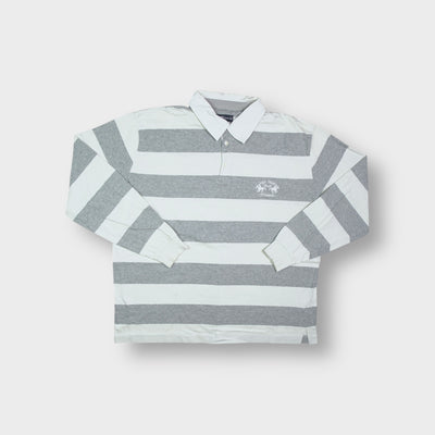 Marc Stanford white and grey striped polo sweater with embroidery on the chest