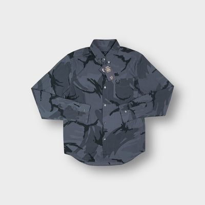 Fred Perry long-sleeve grey camouflage button-up shirt with an embroidered chest pocket